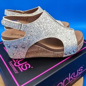 Corky's Carley Light Silver Glitter Wedge Sandals Studded Women's Size 8 NEW